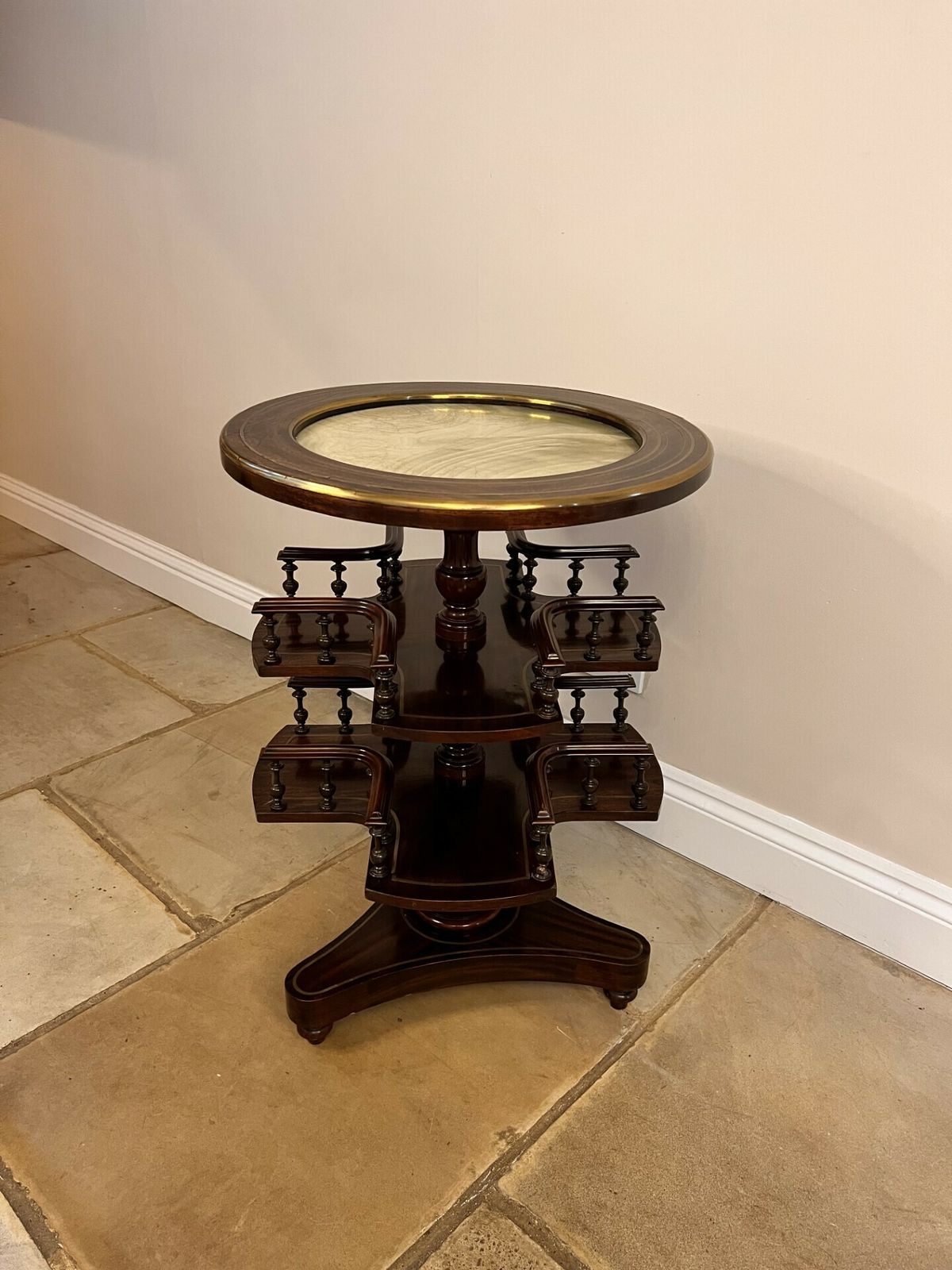Unusual Antique Quality Mahogany Brass Inlaid Marble Top Revolving Table photo Furniture