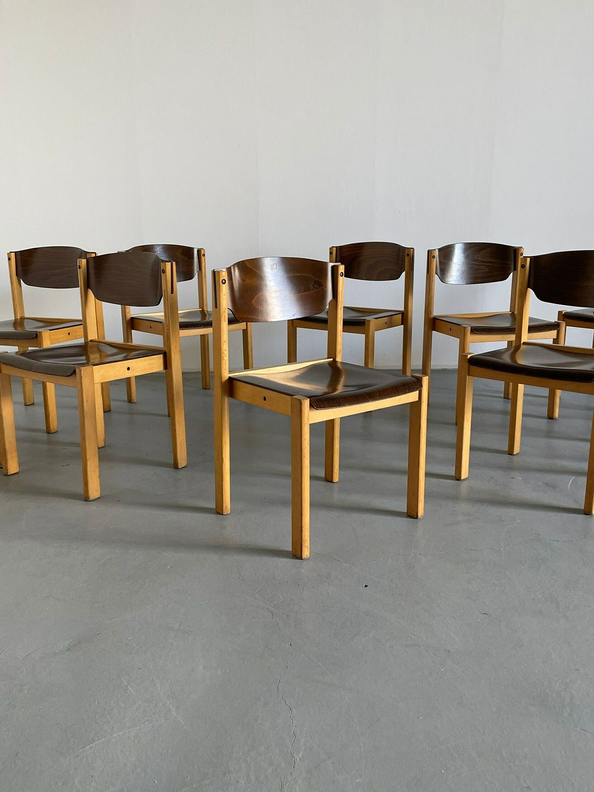 Mid Century Modern Stackable Dining Chairs Or Visitor Chairs In The Style Of Roland Rainer, Beech And Stained Plywood, 1970s Germany photo furniture