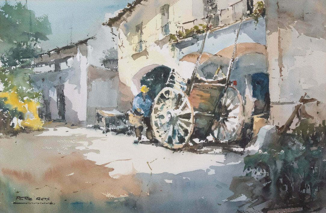Pere Ros   Impressionistisch Aquarelschets   Een Man Met Zijn Kar
