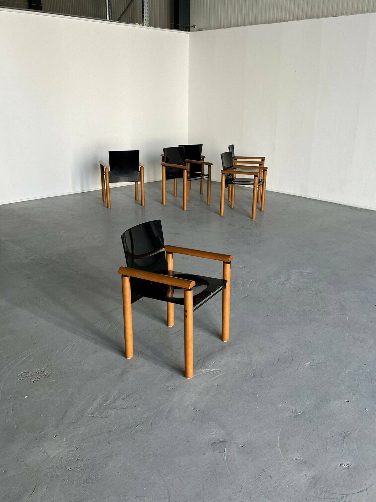 1 Of 6 Elegant Modernist Wooden Armchairs In Dark Gloss Finish, Attributed To Artelano, 1970s Italy photo for sale