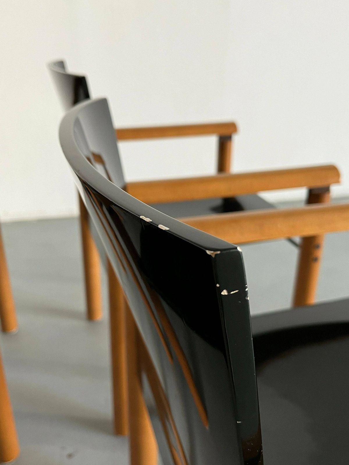 photo for sale 1 Of 6 Elegant Modernist Wooden Armchairs In Dark Gloss Finish, Attributed To Artelano, 1970s Italy