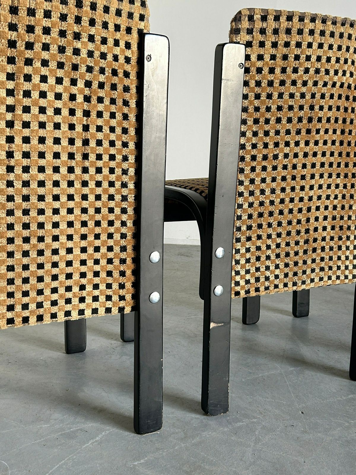 Set Of 4 Italian Sculptural Lacquered Bentwood Dining Chairs, Geometric Pattern Velvet, In Style Of Pierluigi Molinari, 1970s Italy photo buy