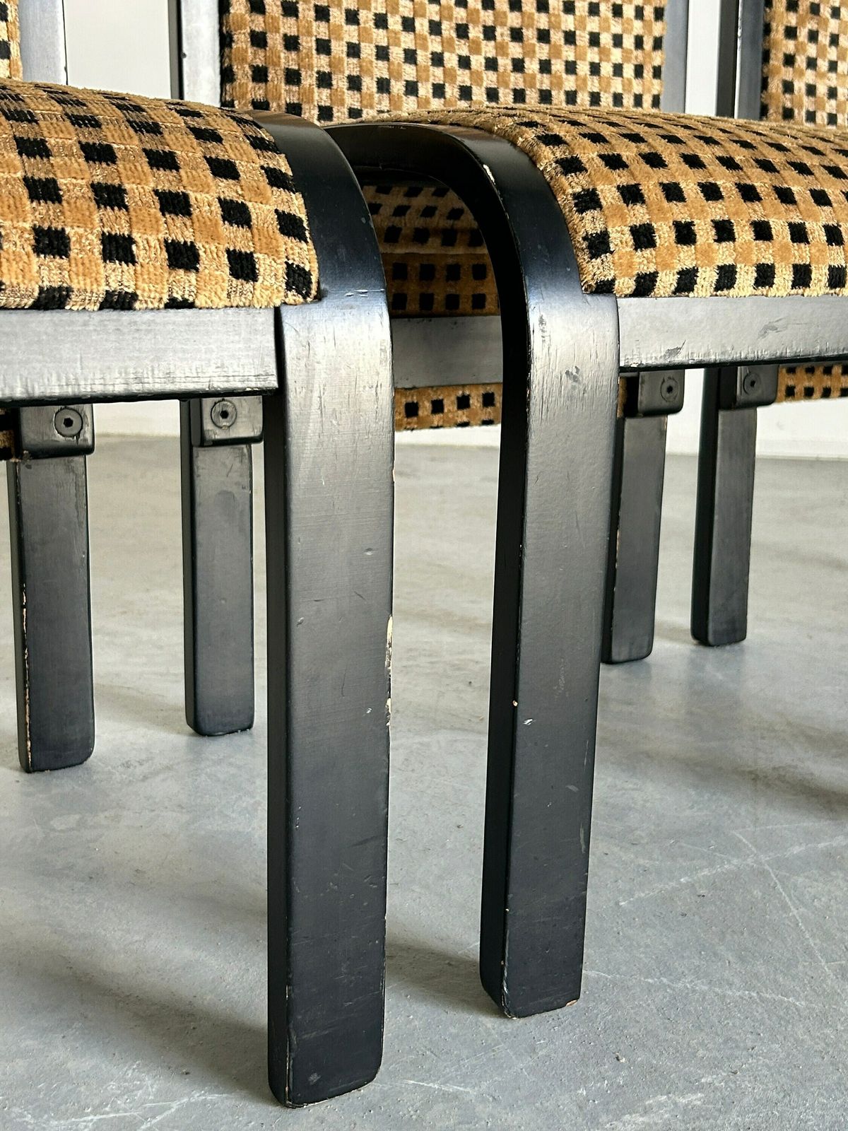 Set Of 4 Italian Sculptural Lacquered Bentwood Dining Chairs, Geometric Pattern Velvet, In Style Of Pierluigi Molinari, 1970s Italy photo vintage
