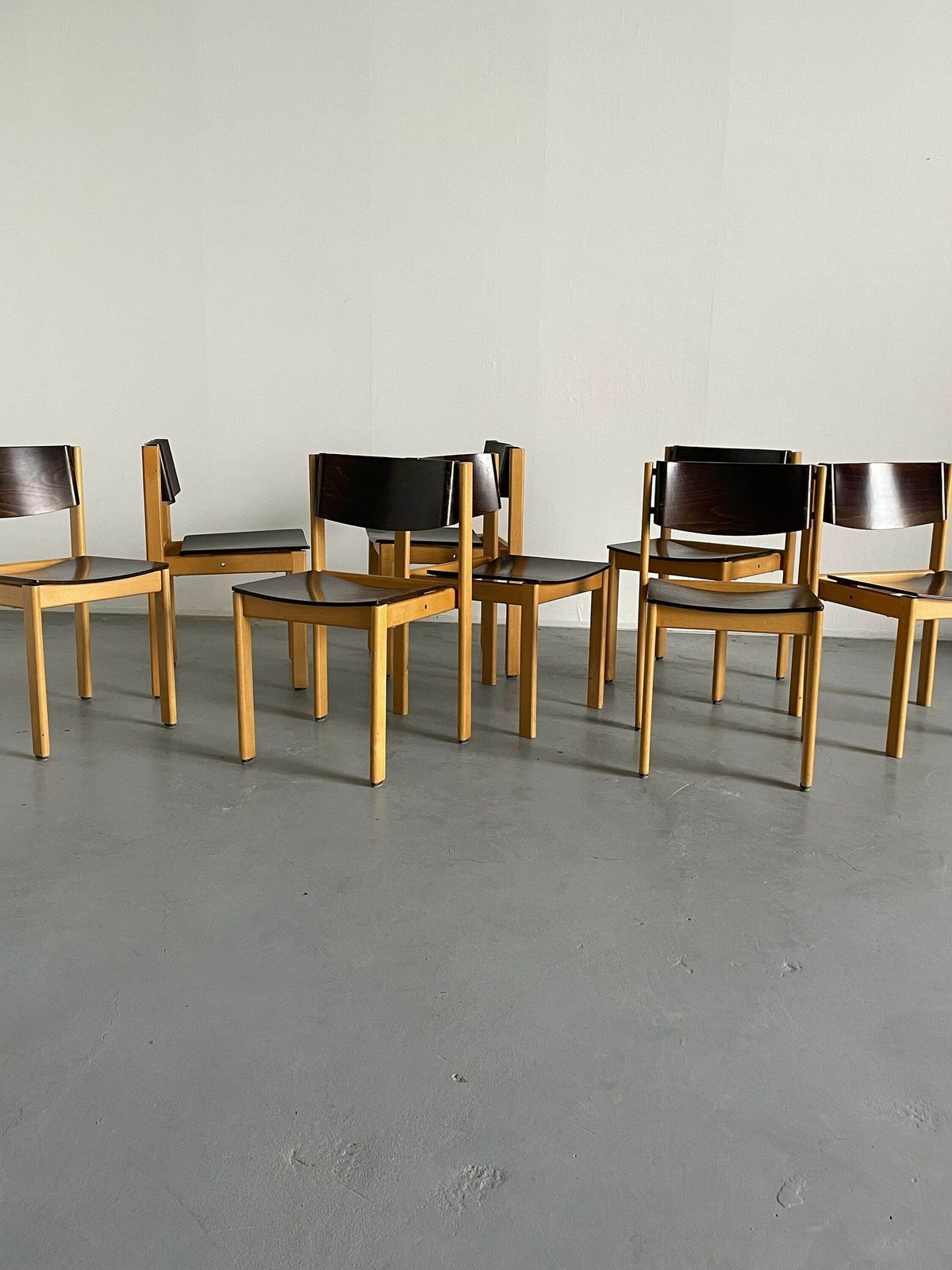 1 Of 8 Mid Century Modern Bentwood Stackable Dining Chairs Or Visitor Chairs In The Style Of Roland Rainer, Beech And Stained Plywood, 1970s photo 172.0
