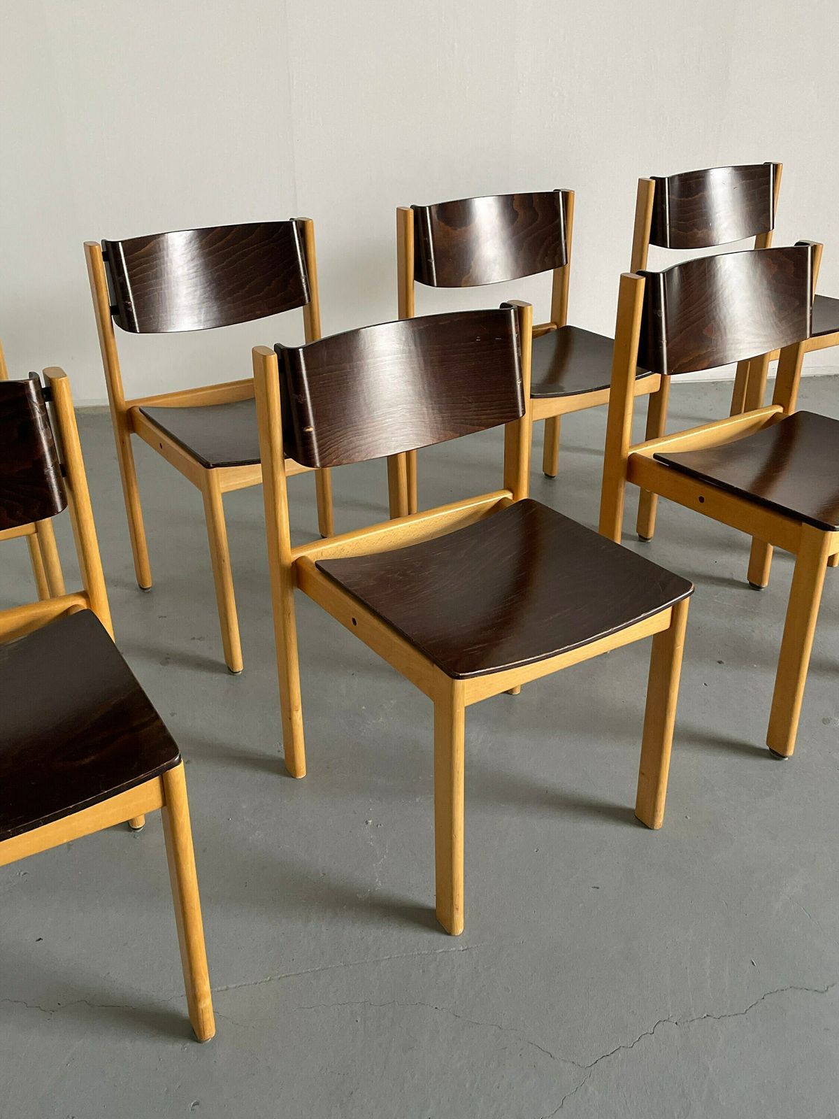 1 Of 8 Mid Century Modern Bentwood Stackable Dining Chairs Or Visitor Chairs In The Style Of Roland Rainer, Beech And Stained Plywood, 1970s photo vinterior