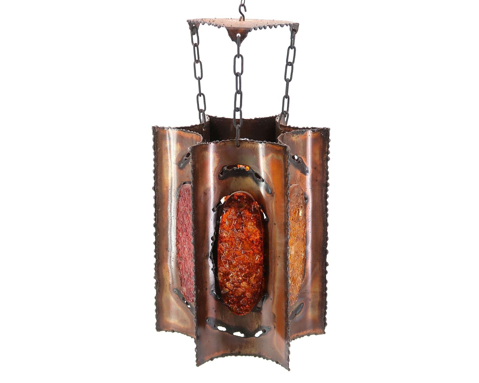 Franse Koperen Hanglamp Met Hars Van Accolay, Ca. Jaren 1960 / Hanglamp, Brutalist Verlichting, Frans Design