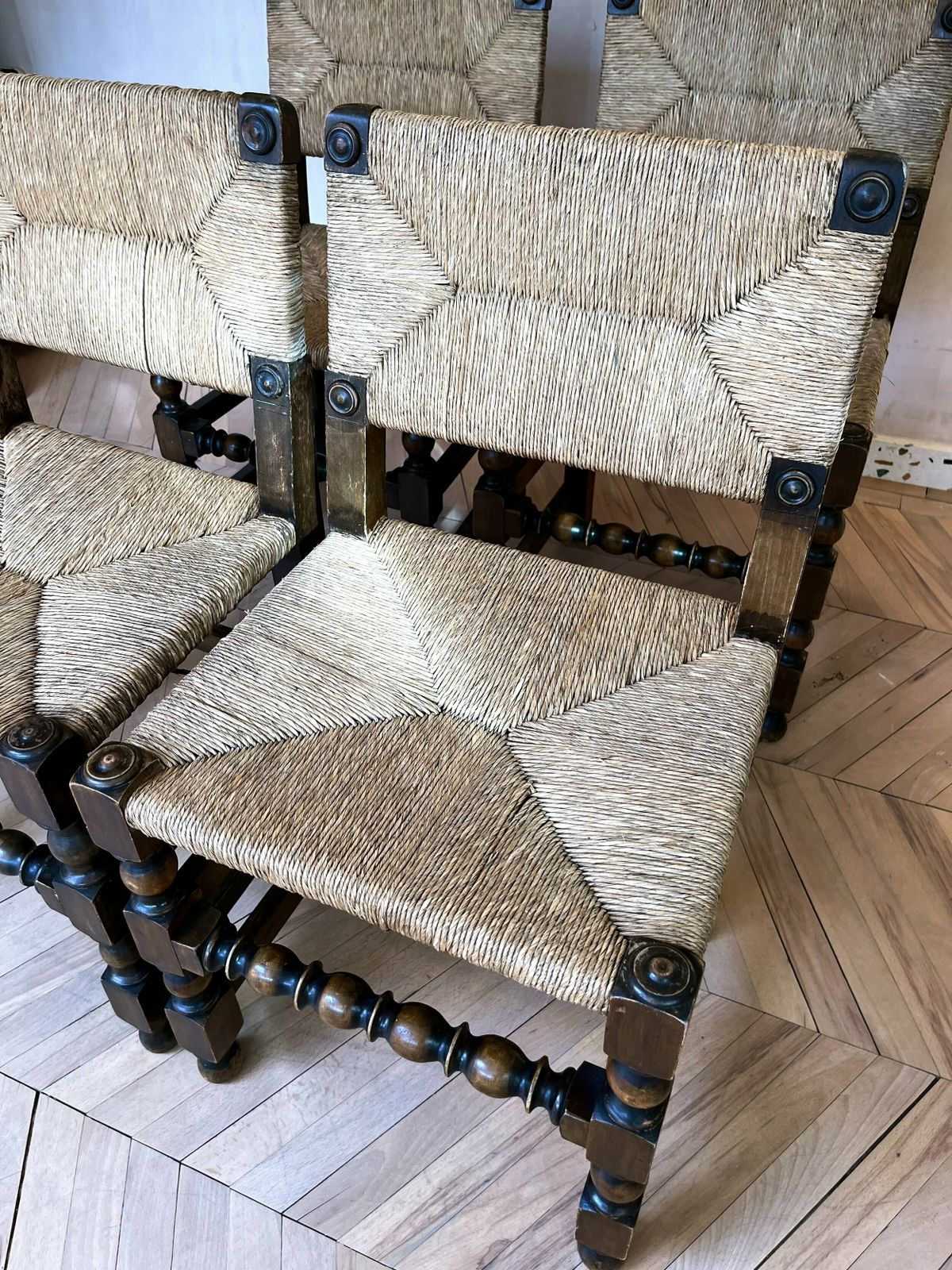Set Of Four 1950s French Rush & Carved Oak Dining Chairs photo for sale