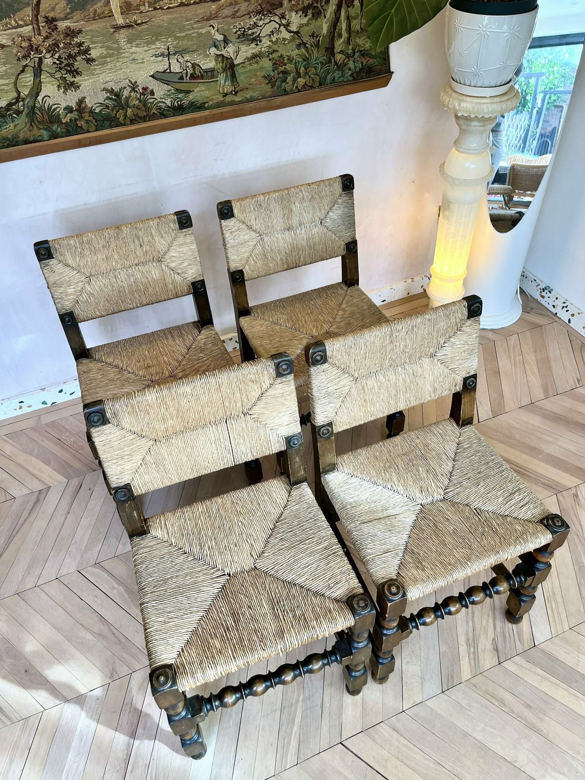 photo for sale Set Of Four 1950s French Rush & Carved Oak Dining Chairs