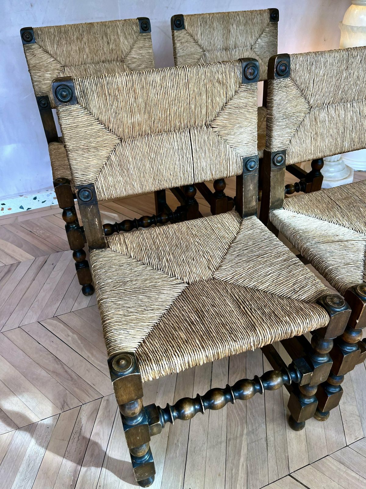 744.0 Set Of Four 1950s French Rush & Carved Oak Dining Chairs photo