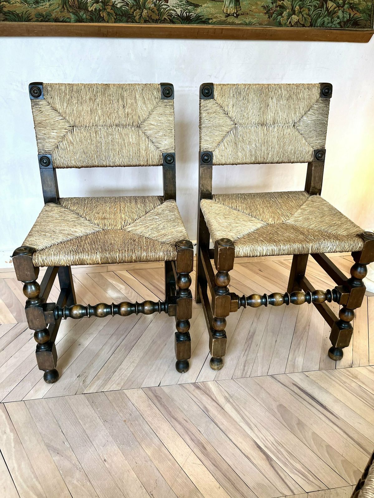 photo buy Set Of Four 1950s French Rush & Carved Oak Dining Chairs