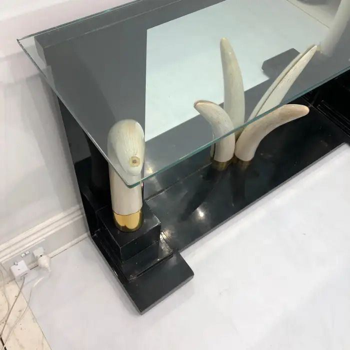 Versailles Collection Elephant Faux Tusk Ebony Console Glass Top With Mirror1970s photo 4290.0