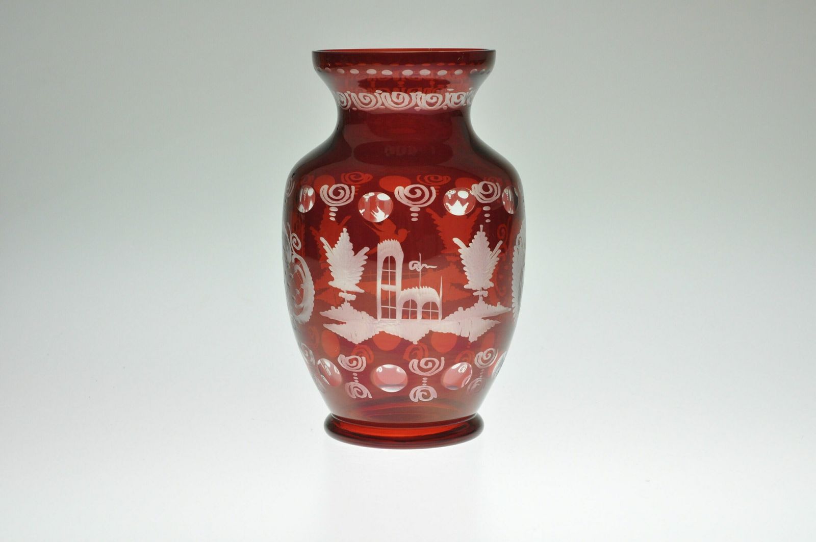 Vintage Egermann Glass Vase, Red Cut Glass, Red Cut To Clear Glass, Red Cut Crystal Vase, Red Cut Crystal, Ruby Glass Vase, Red Glass Vase photo for sale