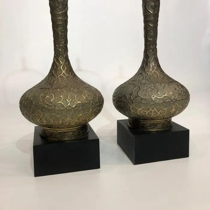 photo for sale Pair Of Brass Oriental Style Table Lamps Mid Century 1960s Hollywood