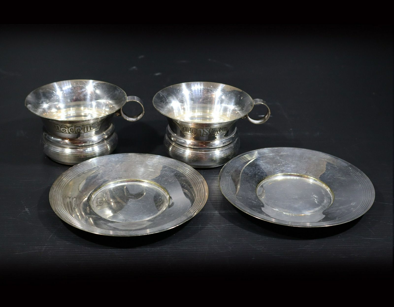 Antique French Silver Plated Madame & Monsieur Tea Cup Set photo buy
