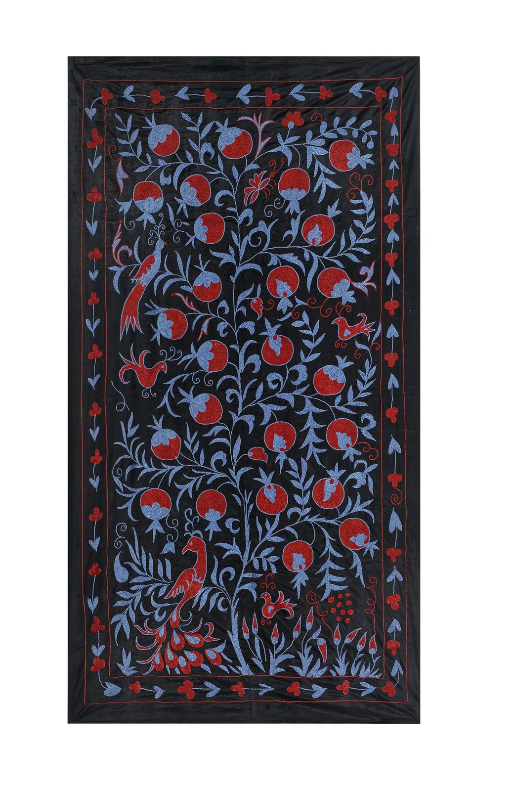 Vintage Folk Art Pictorial Silk Suzani From Uzbekistan, Tree Of Life Samarkand Suzani Tablecloth, Bird Wall Hanging Tapestry 103 X 187