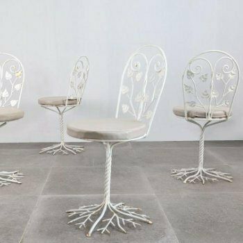Set Of Five Sculptural Wrought Iron Garden Chairs With Tree Design 1950s photo for sale