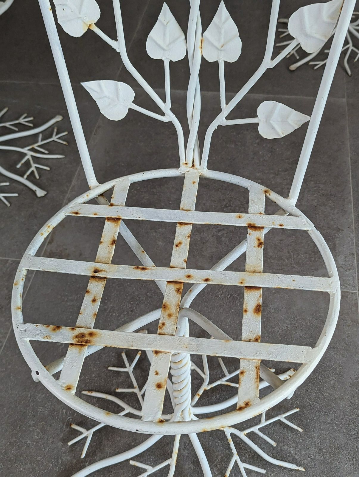 Set Of Five Sculptural Wrought Iron Garden Chairs With Tree Design 1950s photo vintage