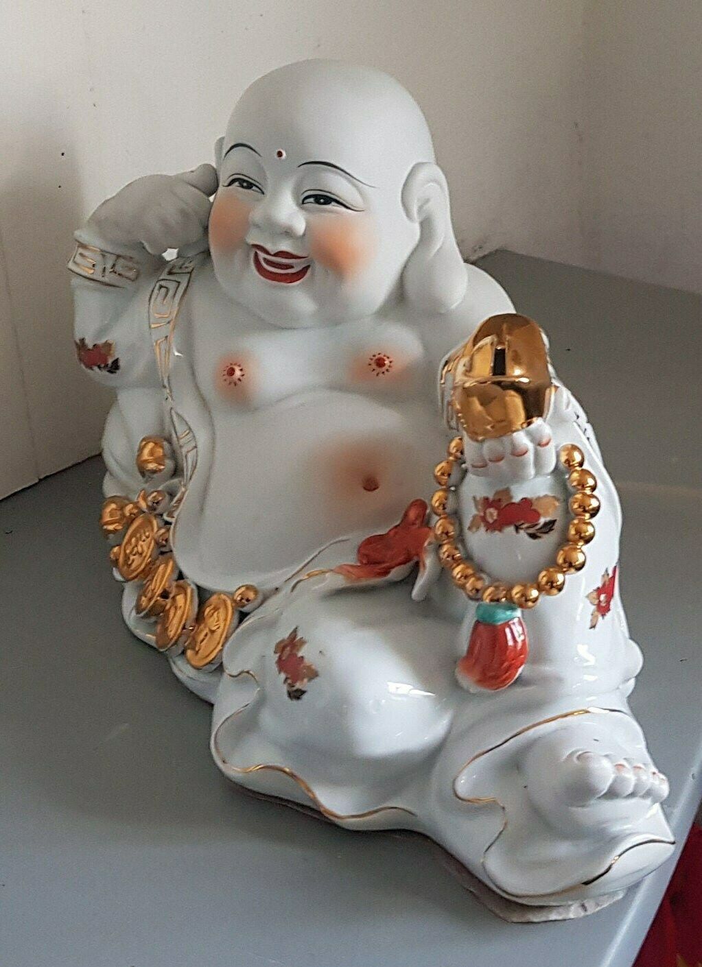 Large Vintage Porcelain Laughing Buddha Money Box photo 99.0