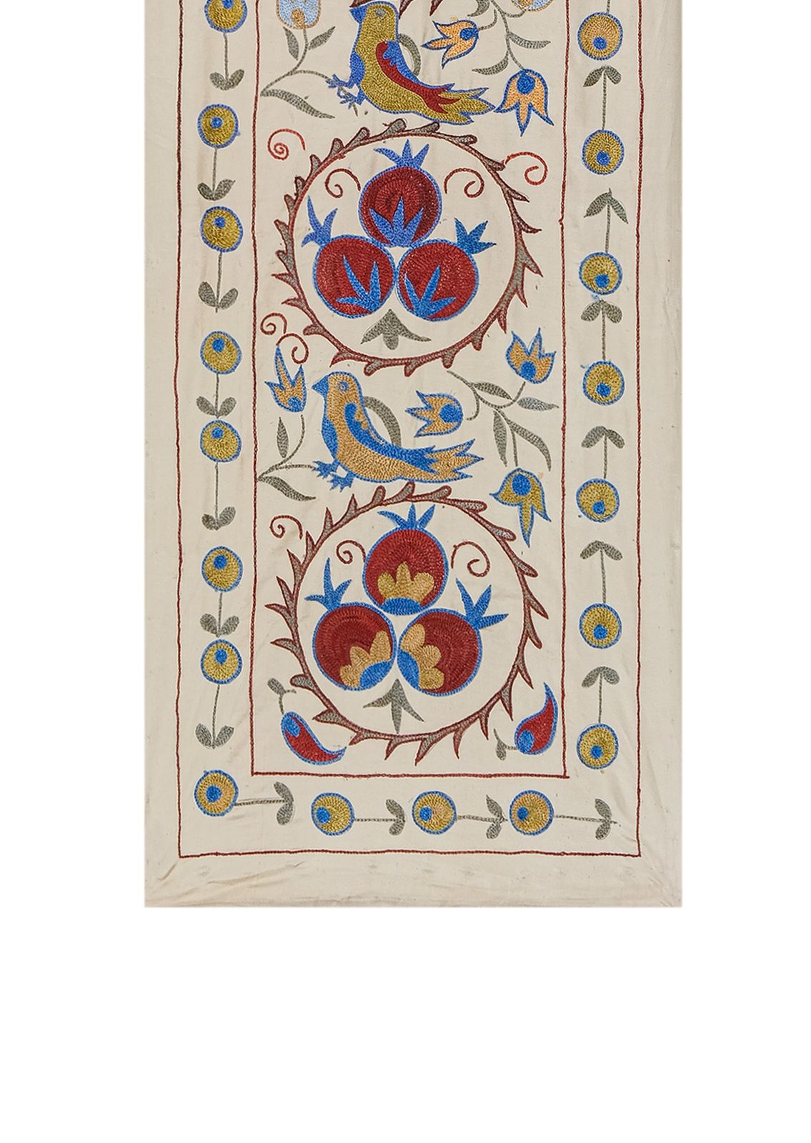 Handmade Bird Pictorial Suzani Table Runner, Embroidery Uzbek Cotton Tribal 54 X 187 photo for sale