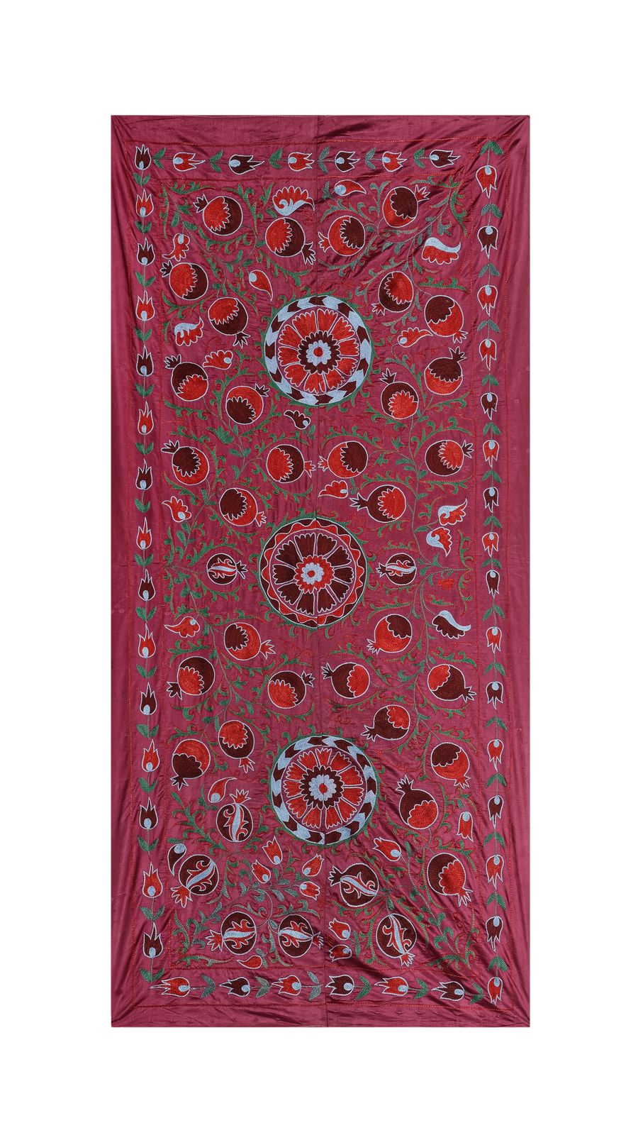 Silk Suzani Table Runner With Pomegranate Design, Red And Blue Samarkand Wall Decor 93 X 195