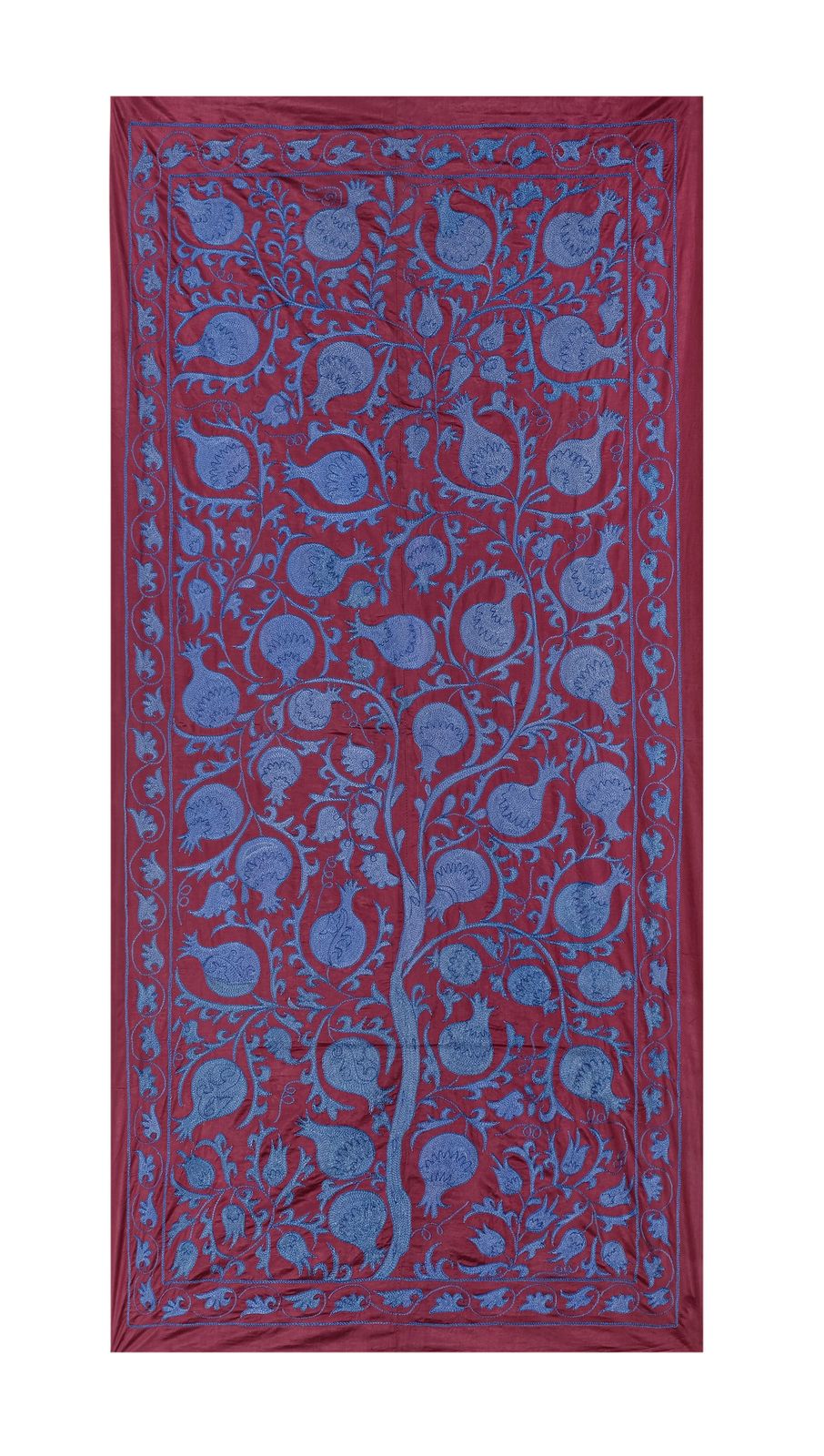 Silk Suzani Throw With Pomegranate Design, Tree Of Life Raspberry Red And Blue Suzani Wall Decor 95 X 190