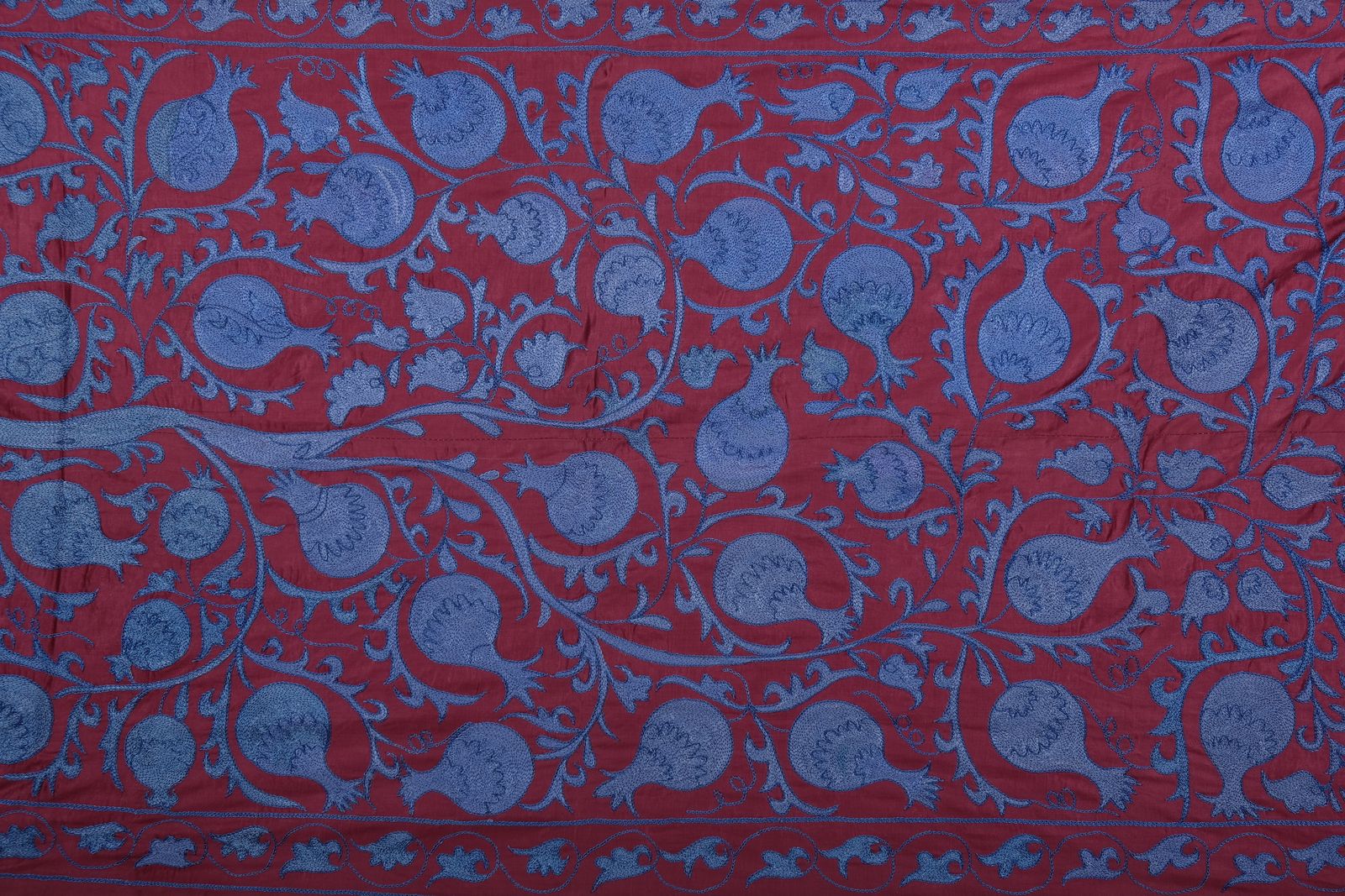 Silk Suzani Throw With Pomegranate Design, Tree Of Life Raspberry Red And Blue Suzani Wall Decor 95 X 190 photo for sale