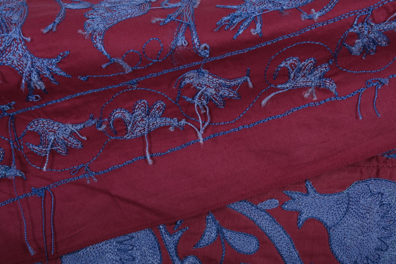 Silk Suzani Throw With Pomegranate Design, Tree Of Life Raspberry Red And Blue Suzani Wall Decor 95 X 190 photo vintage