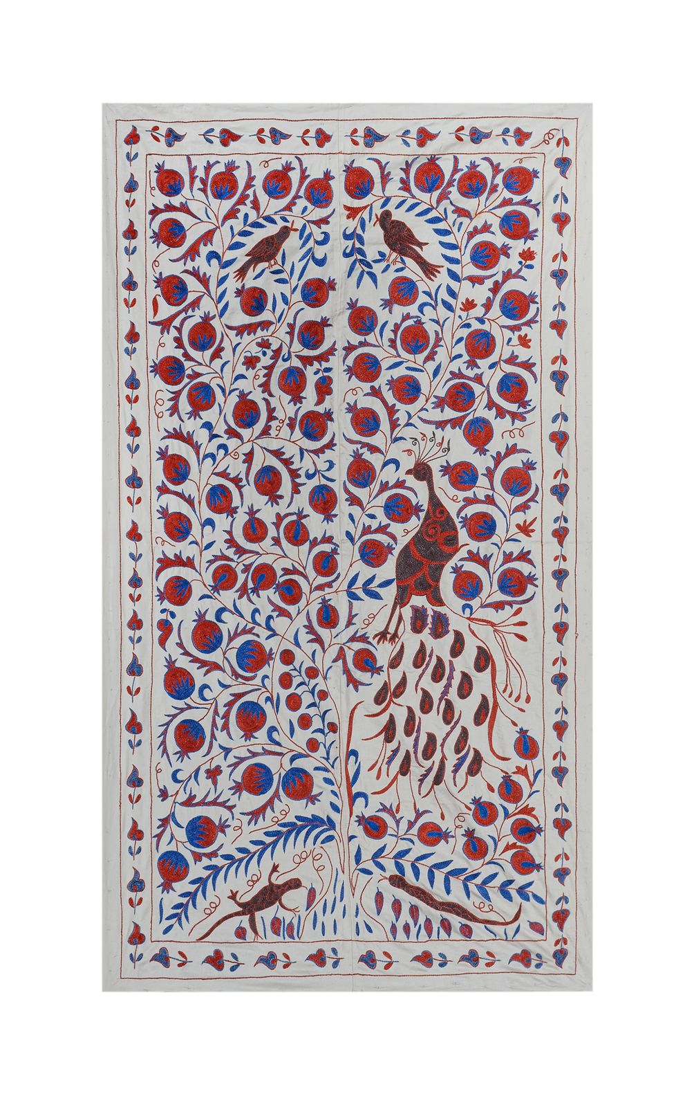 Vintage Folk Art Bird Pictorial Suzani From Uzbekistan, Uzbekistan Suzani Bedspread Wall Panel With Animal Motif 109 X 186