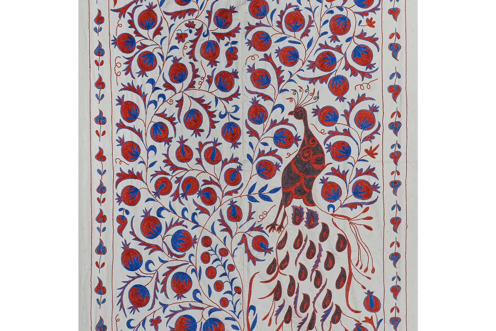 Vintage Folk Art Bird Pictorial Suzani From Uzbekistan, Uzbekistan Suzani Bedspread Wall Panel With Animal Motif 109 X 186 photo Textiles