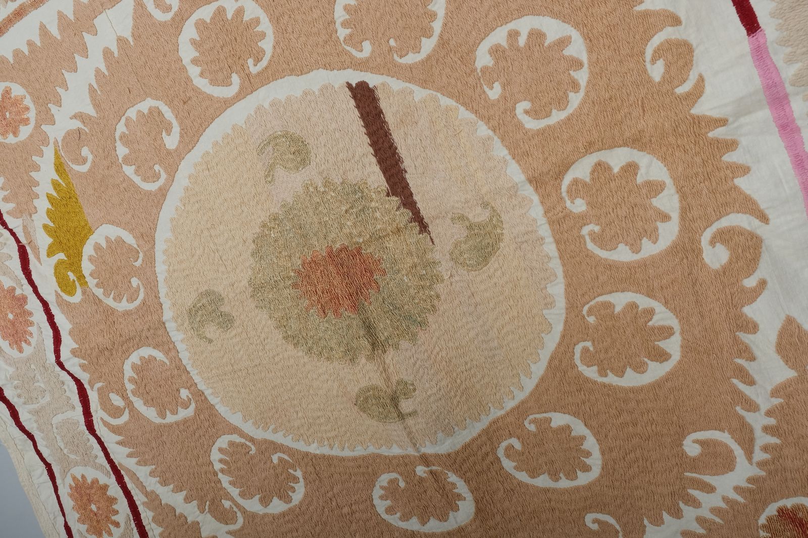 Artisan Suzani   Bukhara Beige And Camel Uzbek Cloth   Tribal Embroidery Suzani Blanket 116 X 124 photo for sale