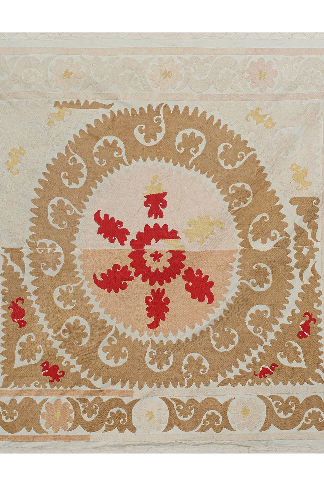 Suzani White Washed   Beige And Rasbperry Uzbek Table Cloth   Tribal Wall Decor, Vintage Suzani Textile 153 X 166 photo Textiles