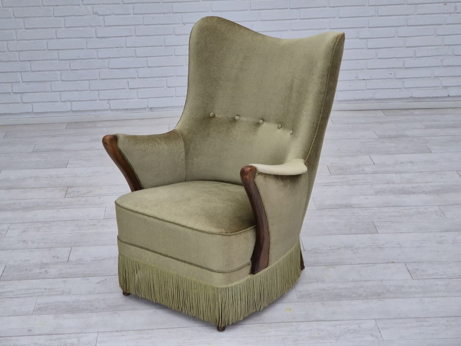 photo vintage 1960s, Scandinavian Design, Armchair In Original Condition, Furniture Velour, Beech Wood Legs.