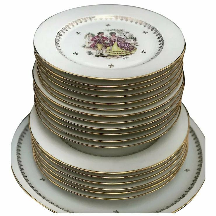 photo for sale Porcelain Limoges Dinnerware Scene Gallant Soup/Pasta Plates Set 6 Scene Galante Discontinued Replacement White Golden Rim Romantic