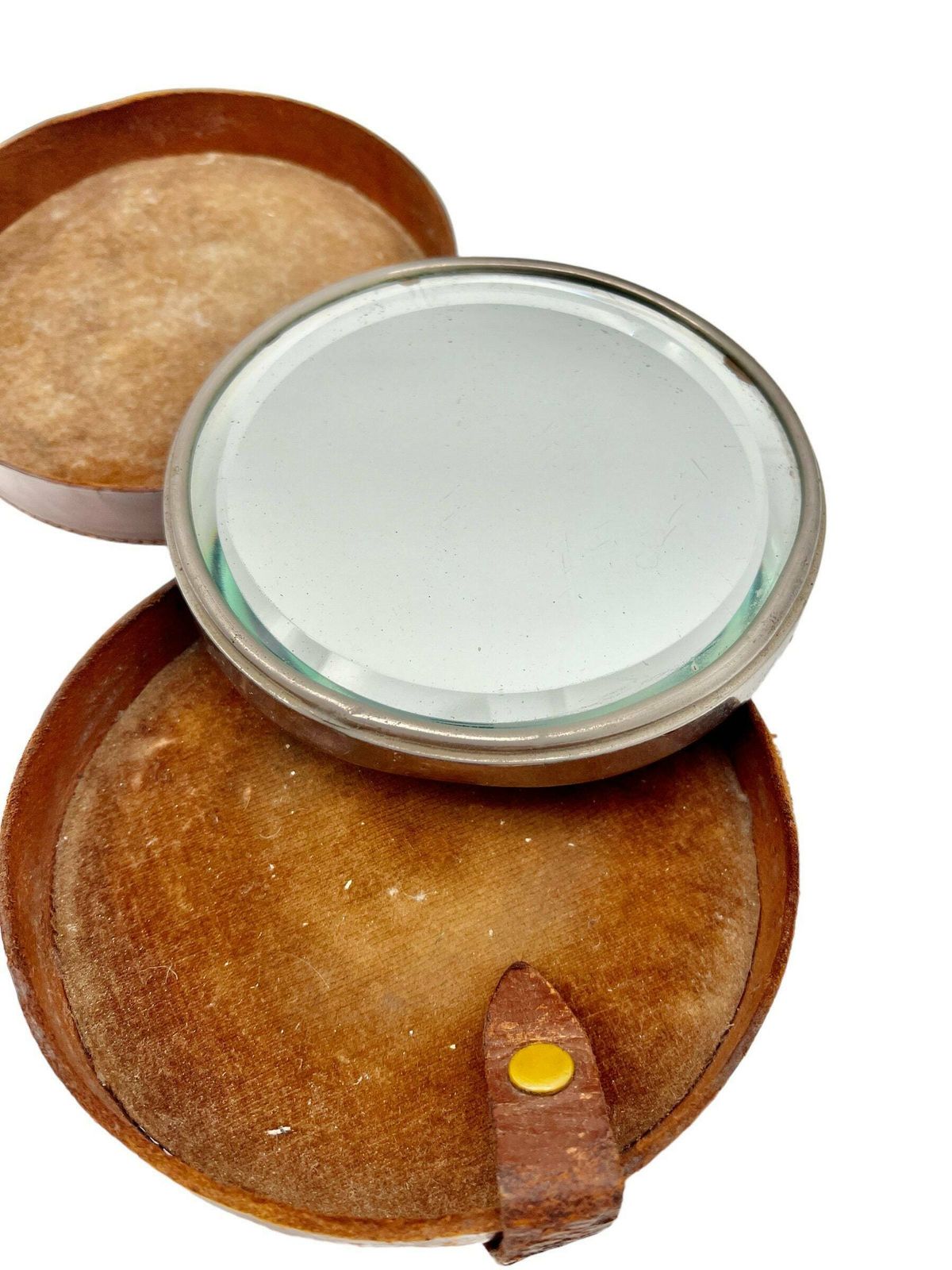 Antique Circular Bevelled Campaign Shaving Mirror In Leather Case   Military photo furniture