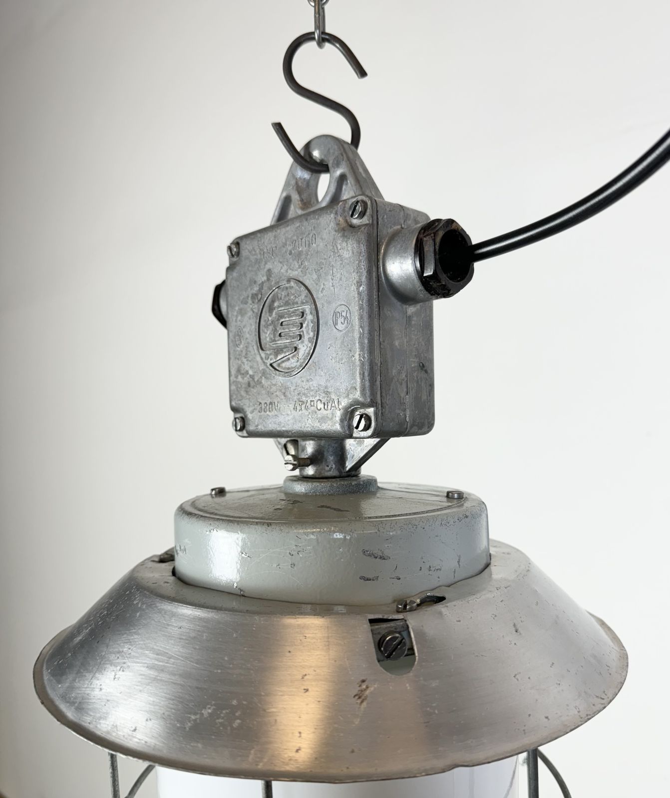 photo for sale Industrial Aluminium Cage Light With Milk Glass From Elektrosvit, 1970s, 30x