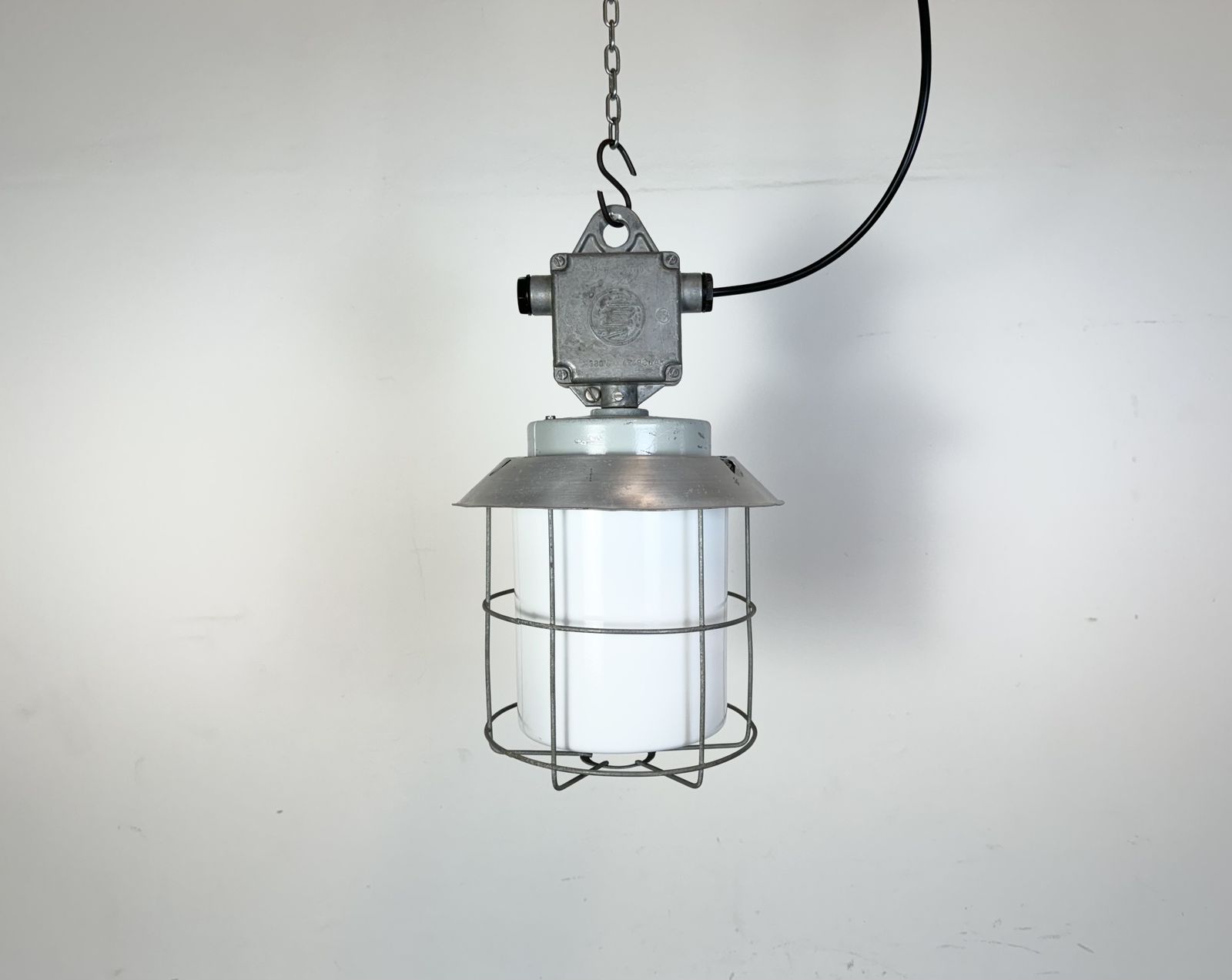 179.0 Industrial Aluminium Cage Light With Milk Glass From Elektrosvit, 1970s, 30x photo