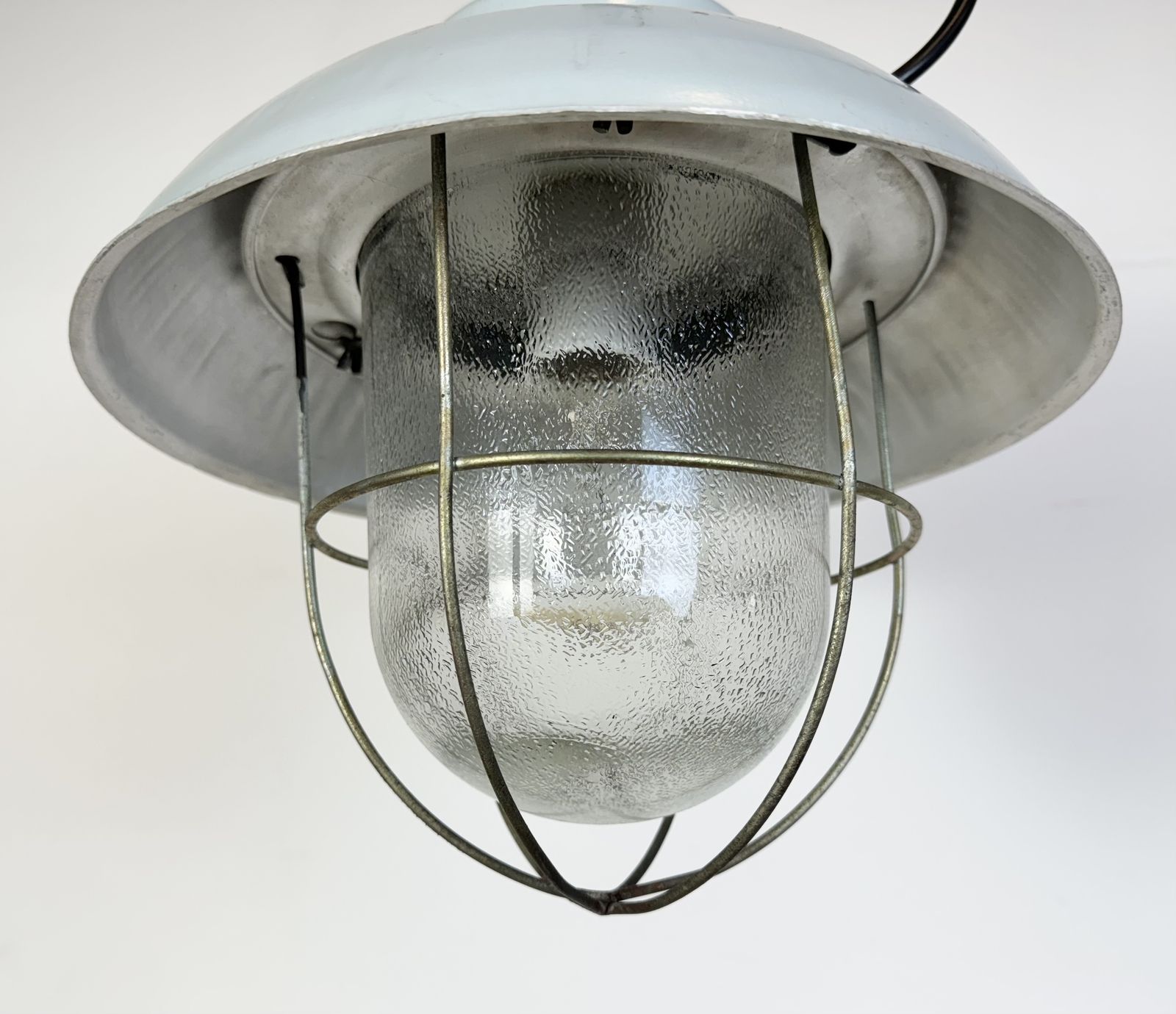 Grey Industrial Aluminium Cage Pendant Lamp With Frosted Glass, 1970s photo for sale