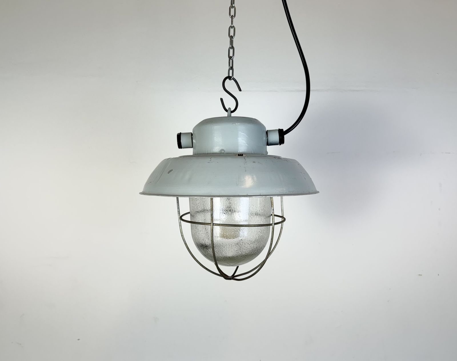 photo for sale Grey Industrial Aluminium Cage Pendant Lamp With Frosted Glass, 1970s