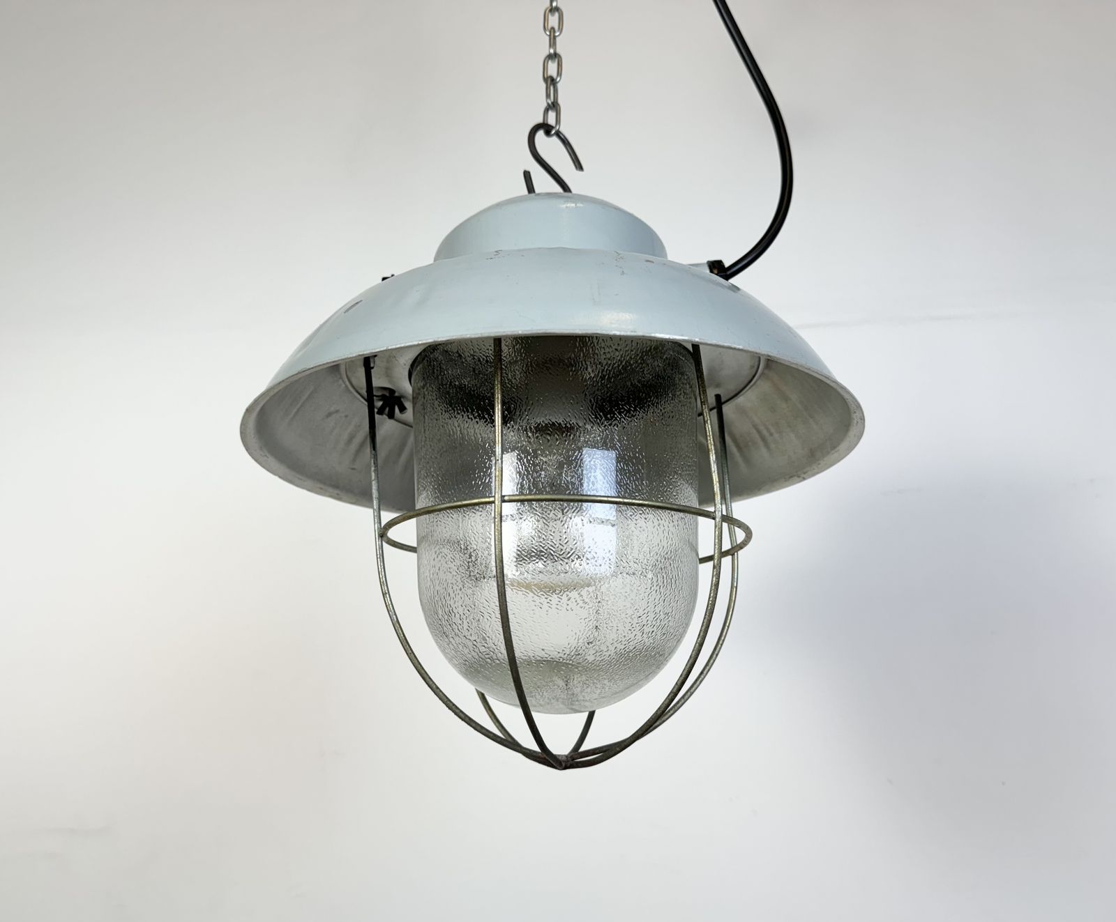Lighting Grey Industrial Aluminium Cage Pendant Lamp With Frosted Glass, 1970s photo