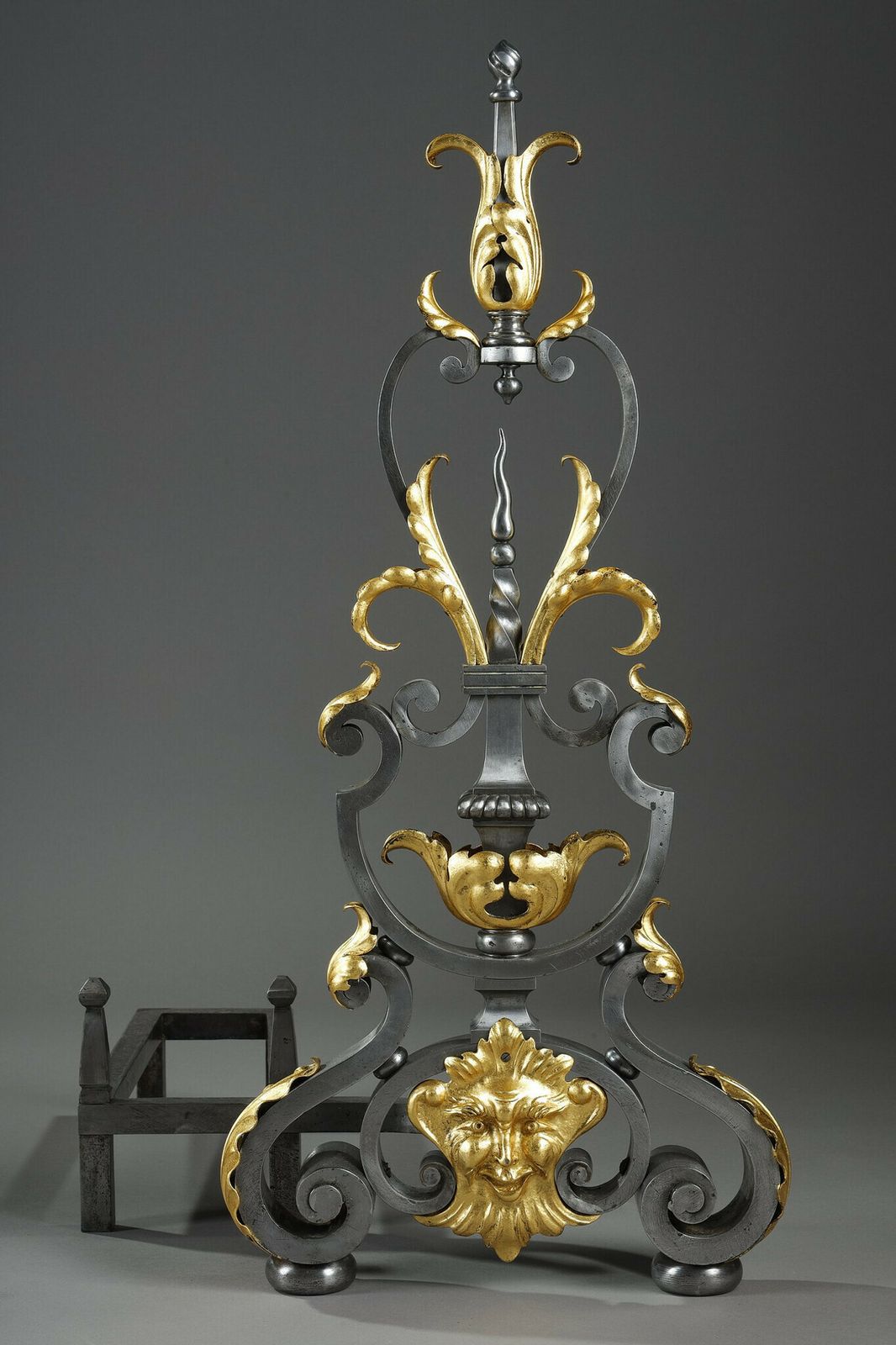Pair Of Wrought Iron Landiers With Foliage, Mask And Scroll Decoration photo vintage