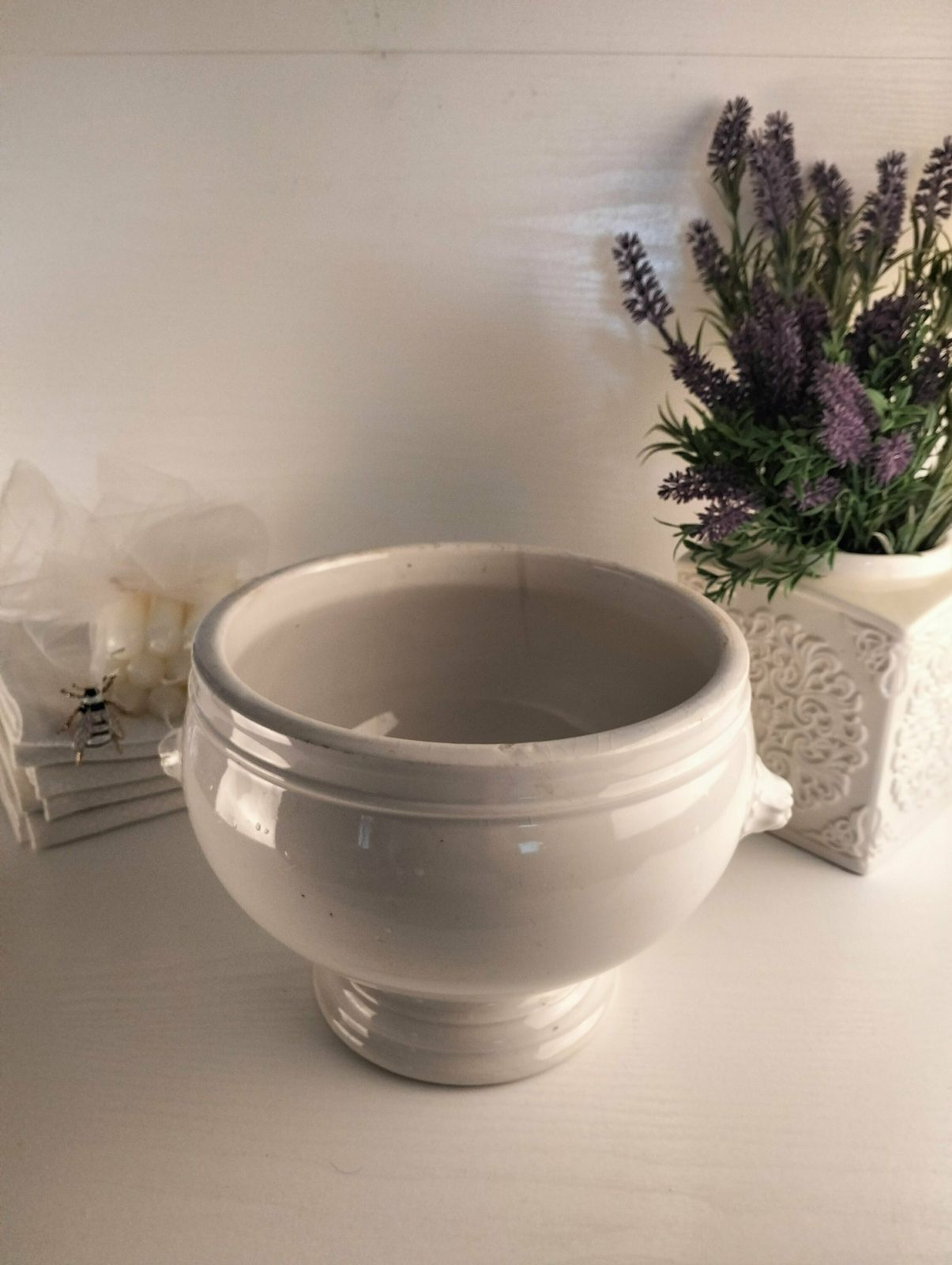 French Vintage Large Lions Head Serving Bowls, French Vintage White Earthenware Tureen, White Porcelain Jardinière, French Onion Soup Bowl