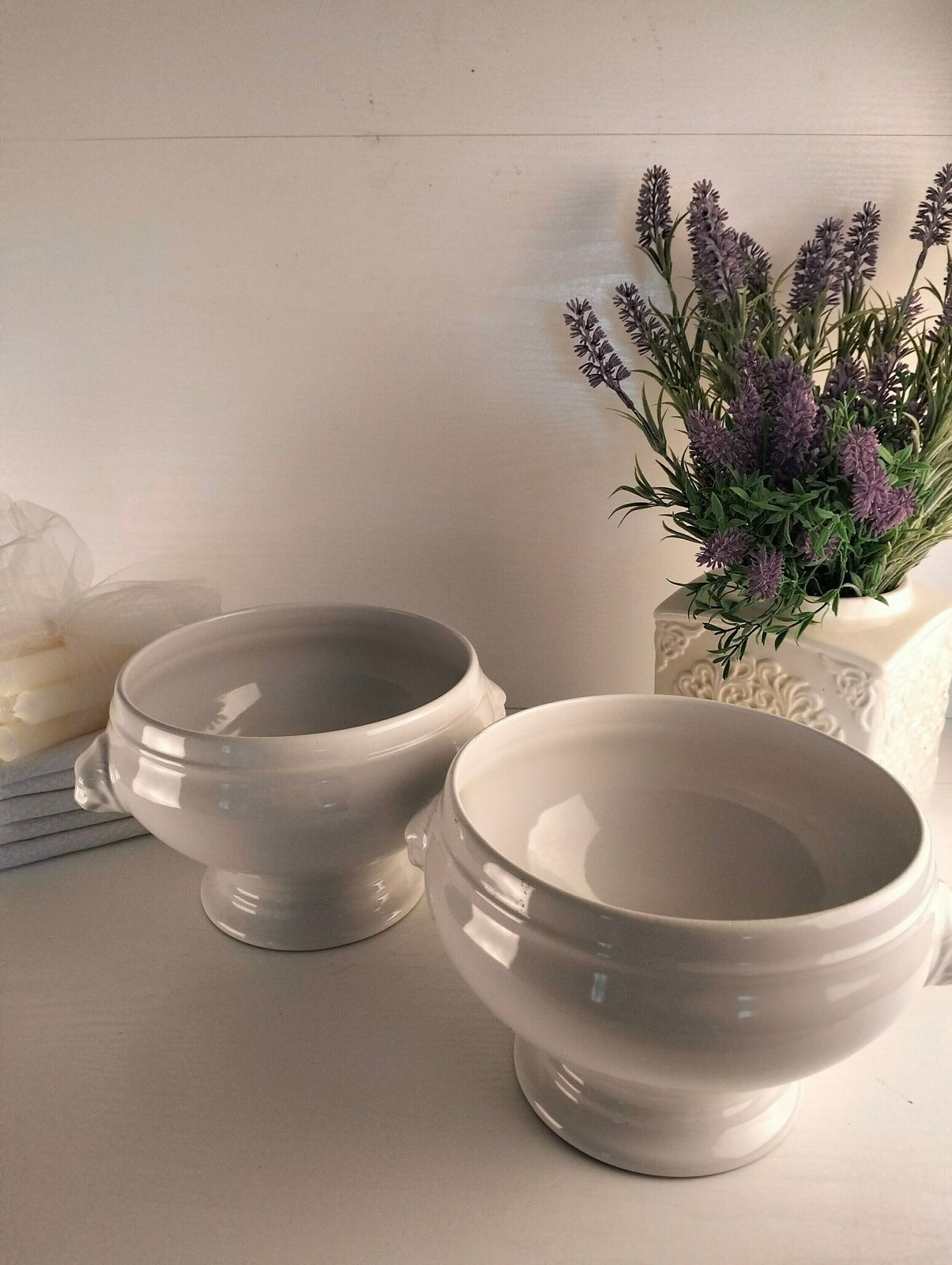 French Vintage Large Lions Head Serving Bowls, French Vintage White Ironstone Tureen, Soup Serving Bowls, White Porcelain Jardinière
