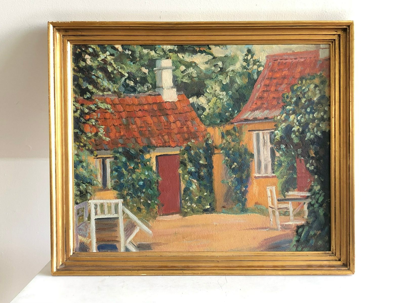 Original Oil Painting From Denmark With Motive Of Cozy Yellow House In Summertime