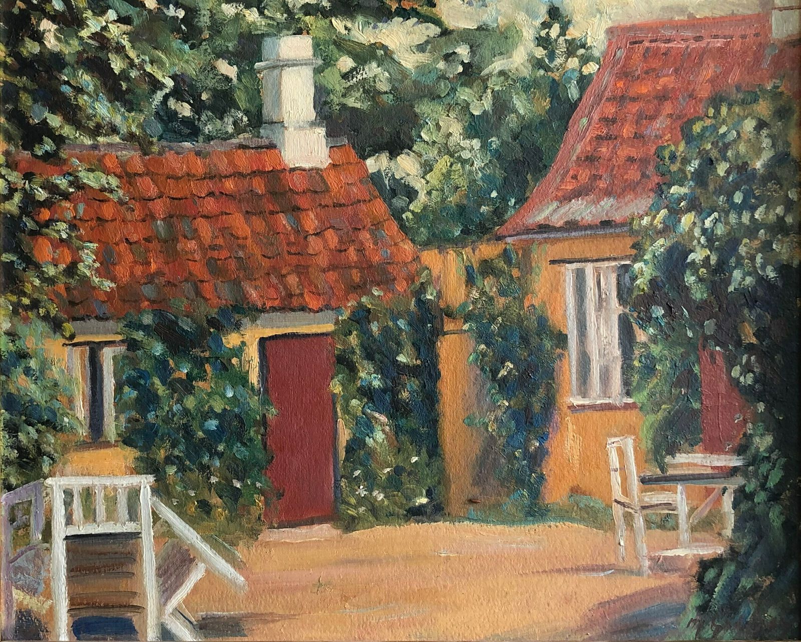 Original Oil Painting From Denmark With Motive Of Cozy Yellow House In Summertime photo furniture
