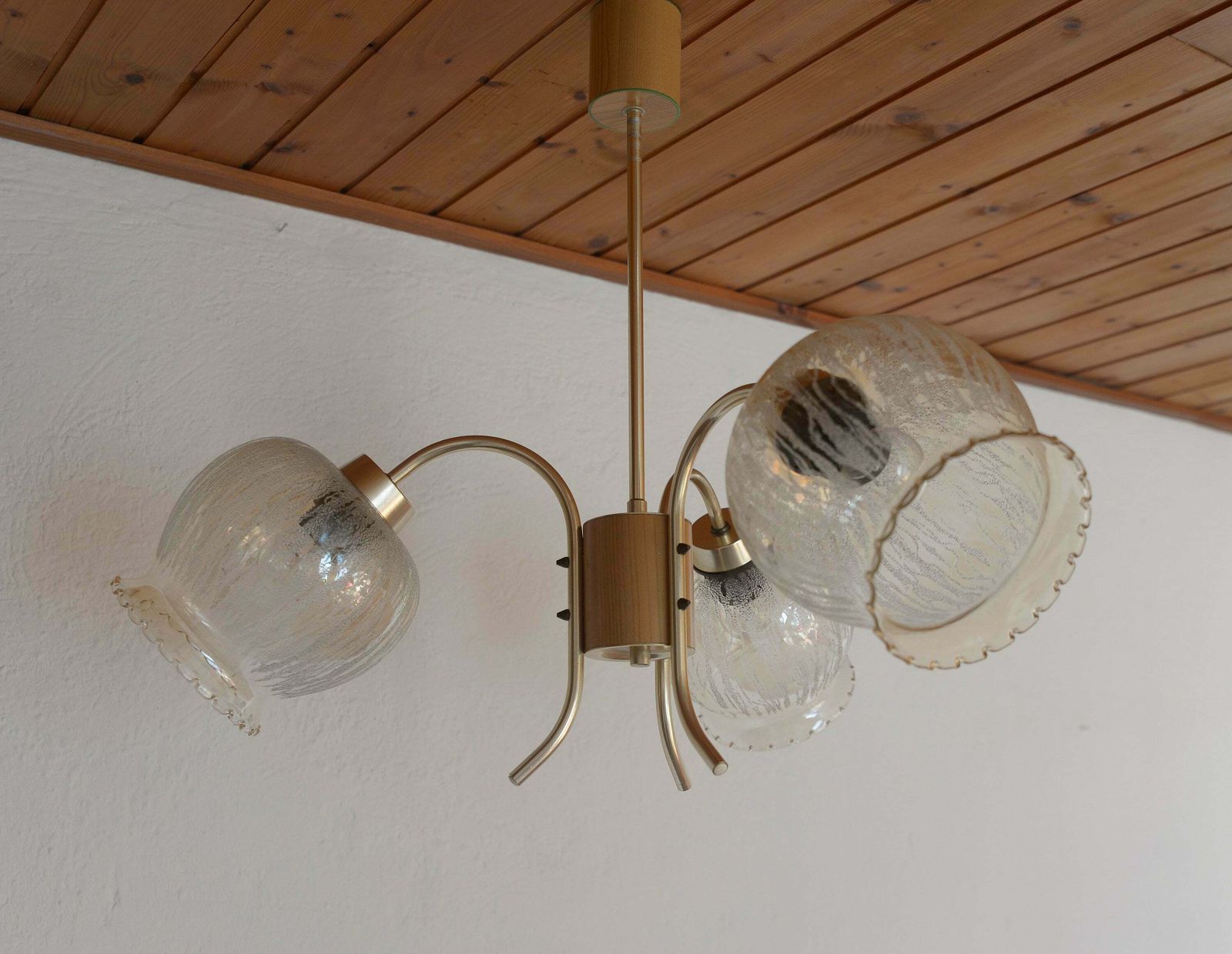 Vintage Pendant Light / Hanging Lamp / Gooseneck Chandelier / Mid Century Light Fixture / Yugoslavia 1960s / Amber Glass photo for sale