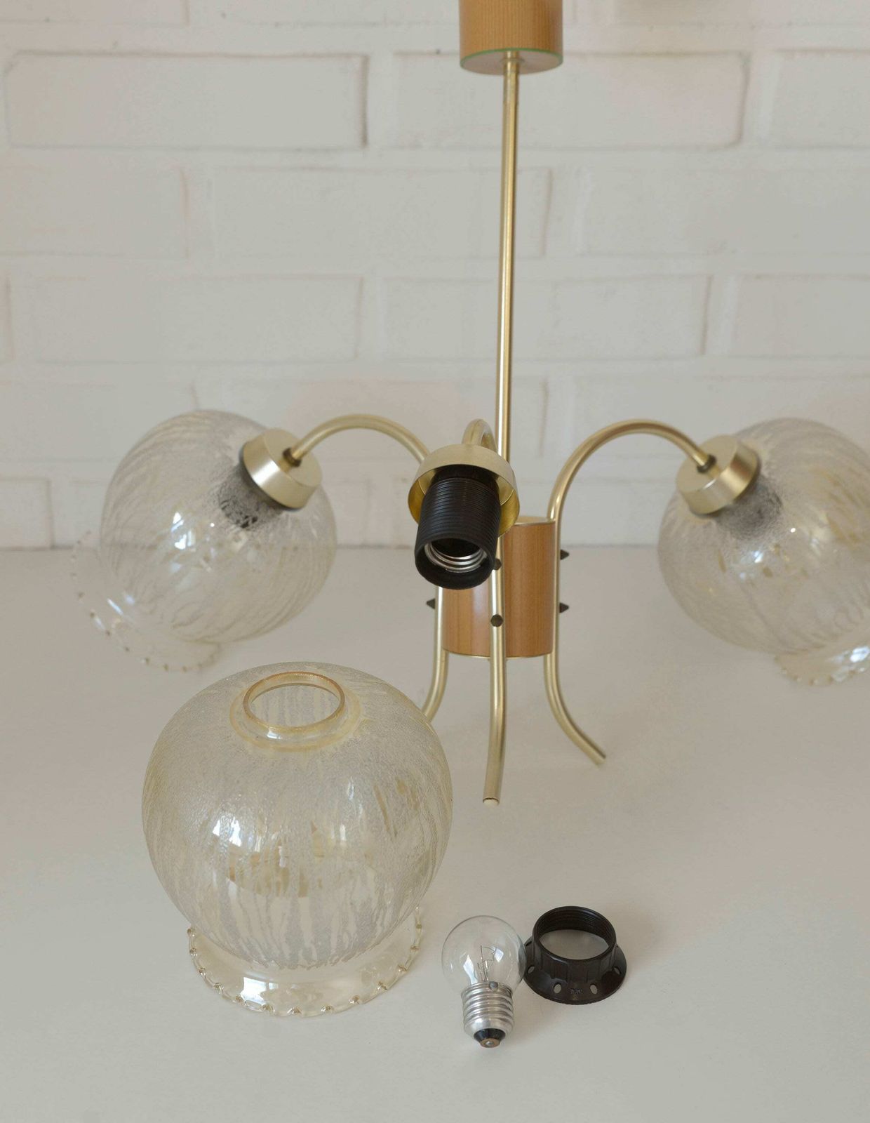 Vintage Pendant Light / Hanging Lamp / Gooseneck Chandelier / Mid Century Light Fixture / Yugoslavia 1960s / Amber Glass photo vintage