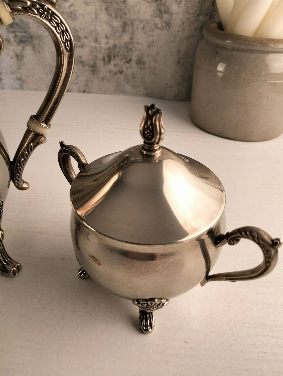 Antique Silver Plated Coffee Pot, Antique Silver Plated Sugar Bowl, Antique Silver Plated Coffee Pot & Sugar Bowl, Silver Plated Cafetière photo for sale