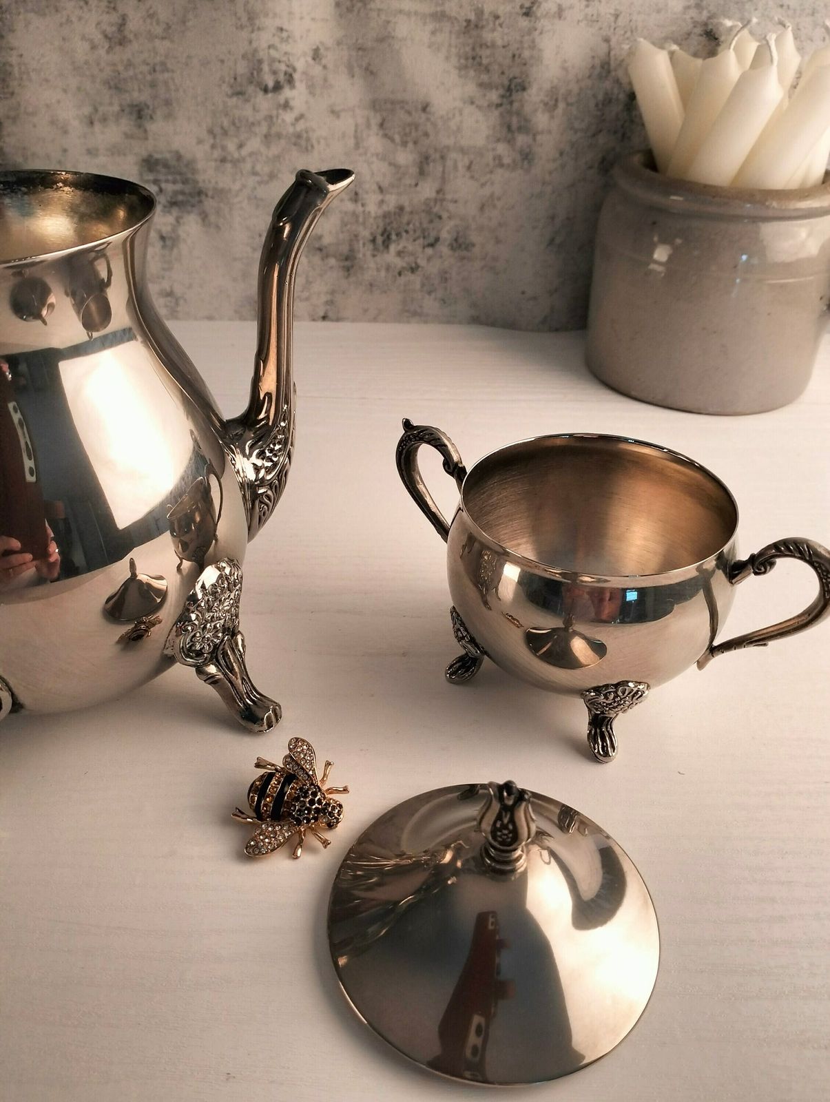 Antique Silver Plated Coffee Pot, Antique Silver Plated Sugar Bowl, Antique Silver Plated Coffee Pot & Sugar Bowl, Silver Plated Cafetière photo buy