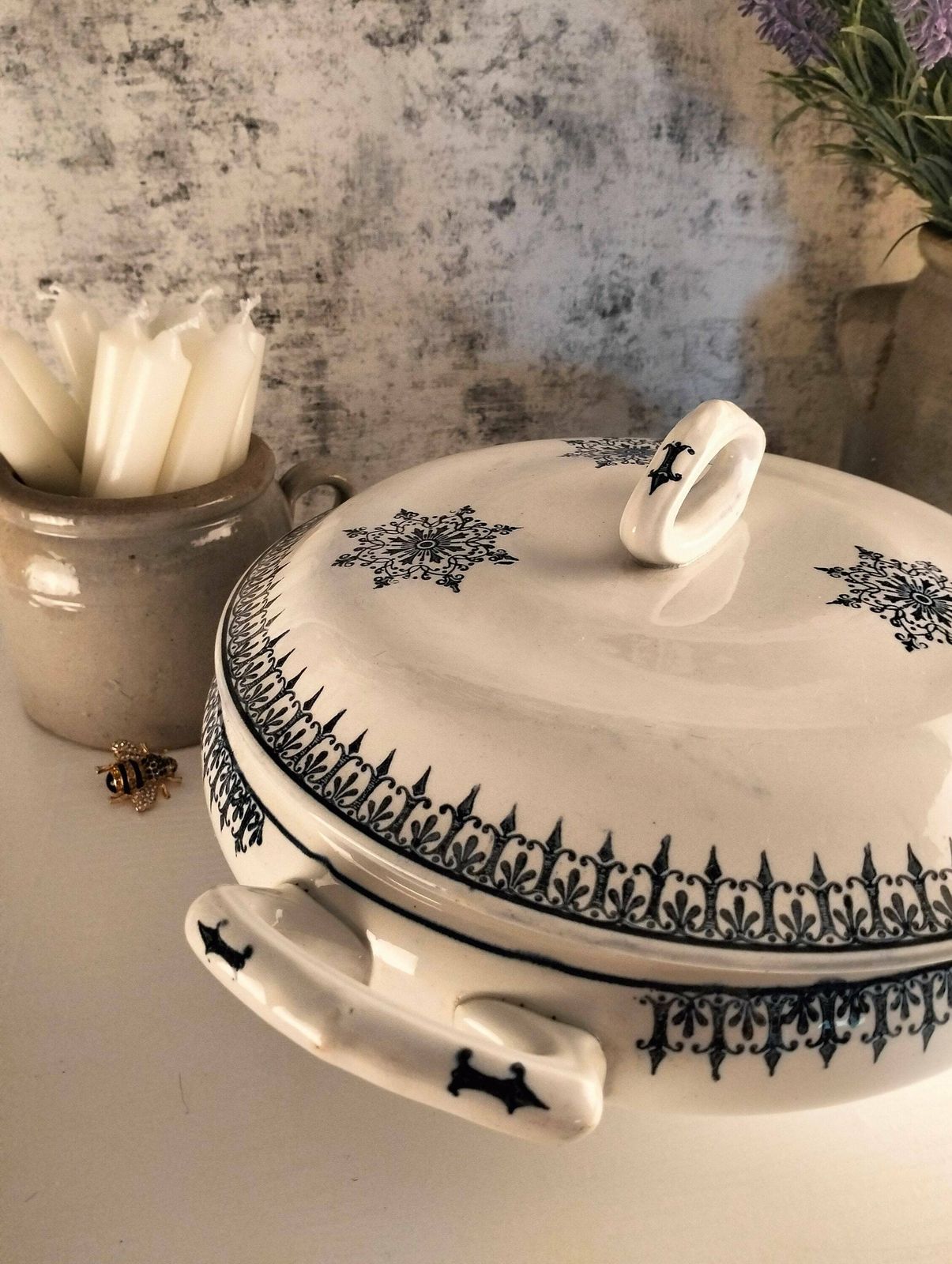 Antique French Earthenware Soup Tureen, Blue Floral Transferware Soupière, Lidded Serving Bowl, St Amand Porcelain photo furniture