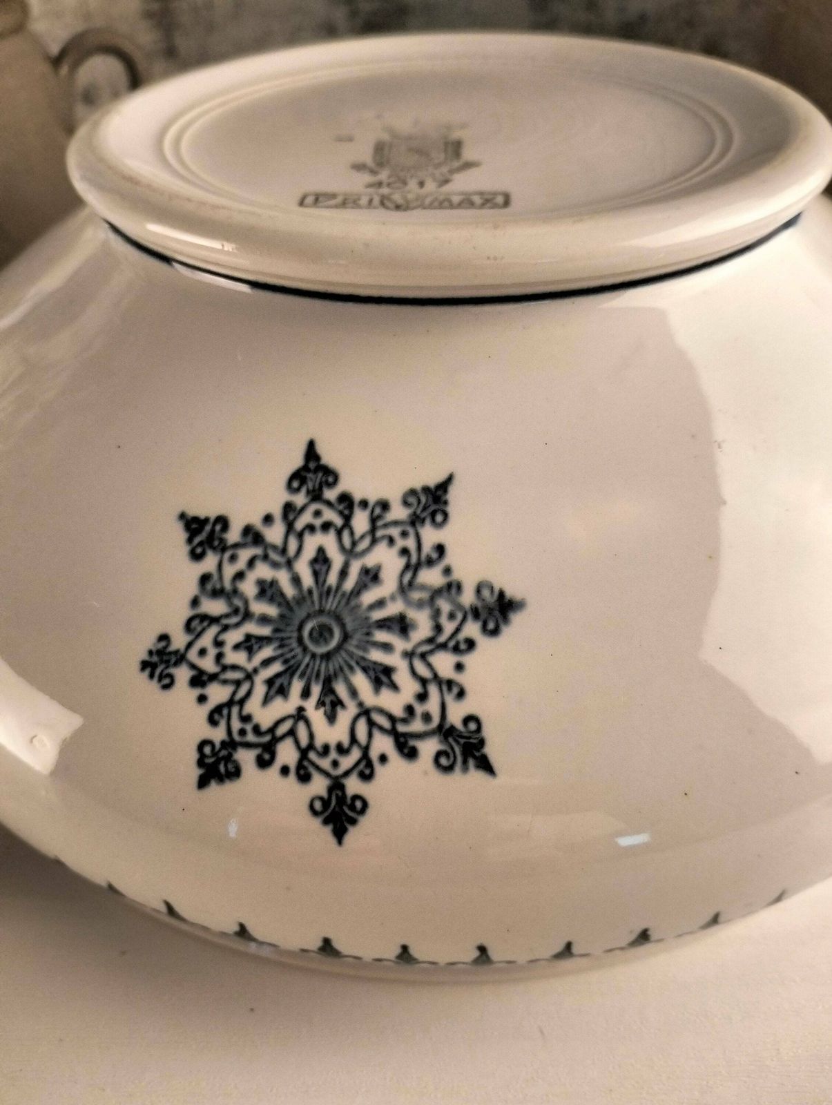 photo for sale Antique French Earthenware Soup Tureen, Blue Floral Transferware Soupière, Lidded Serving Bowl, St Amand Porcelain